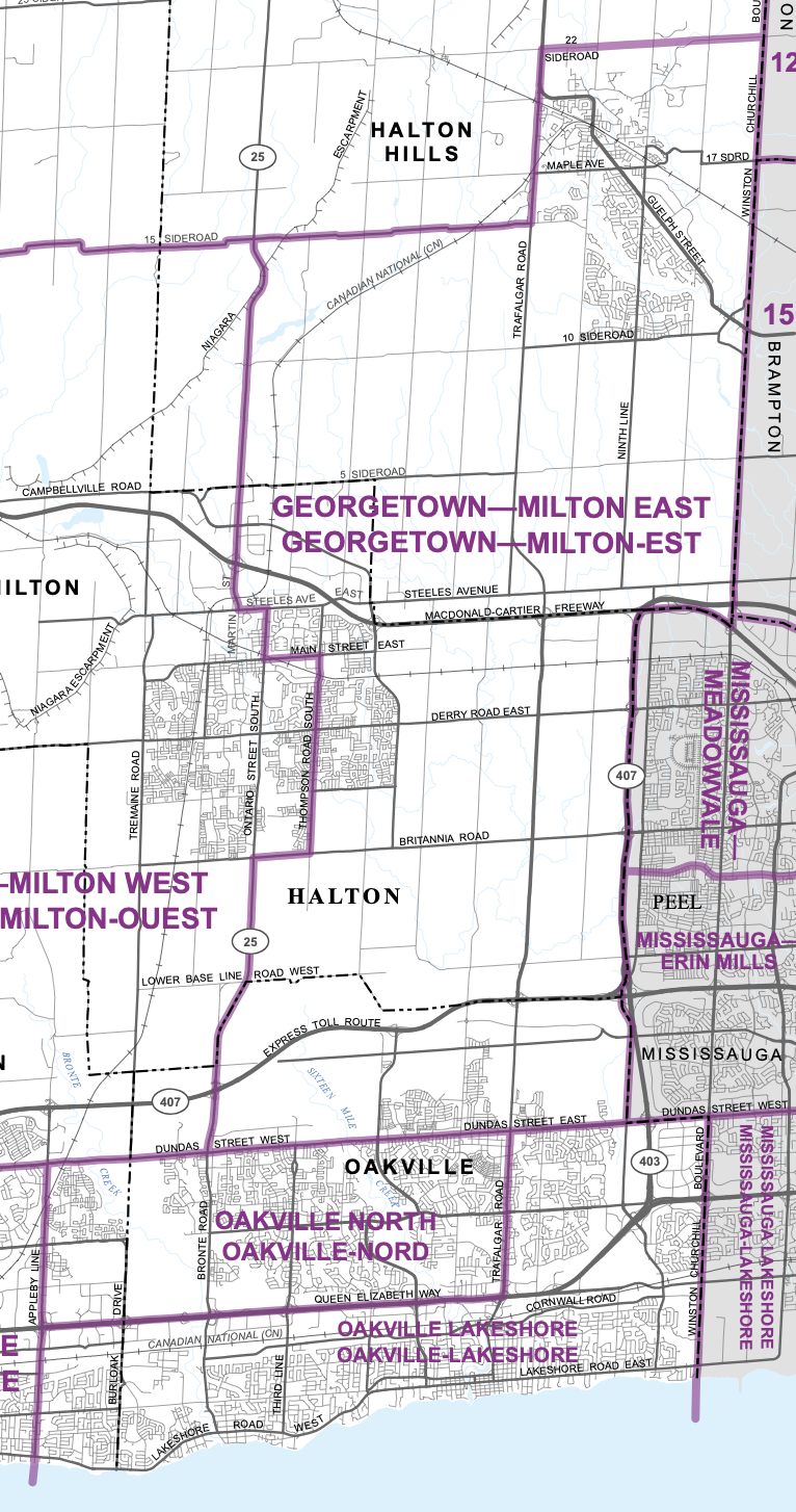 A proposal has been made that Oakville would be split into three. | Elections Canada
